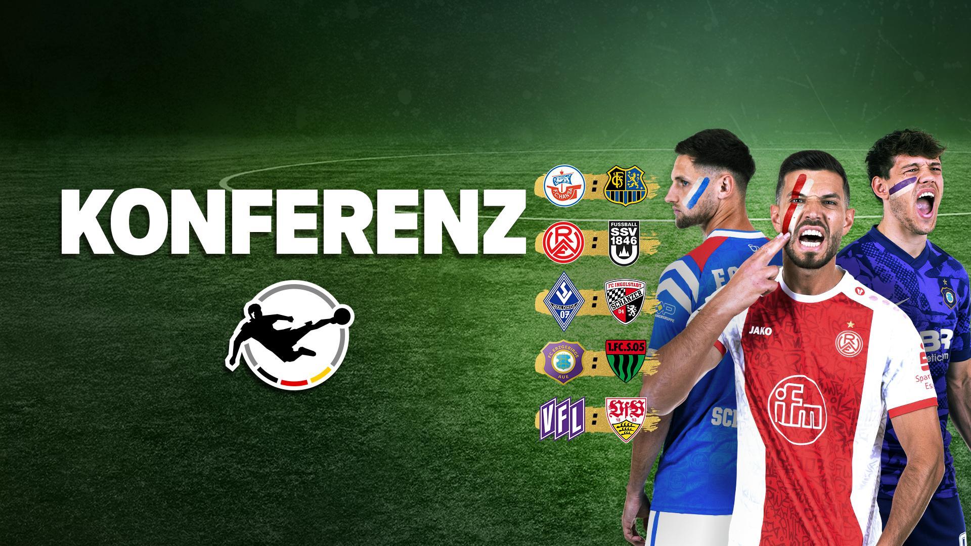 Werbegrafik 3. Liga mit Schriftzug, Logo und Spielertraube vor Fußball-Hintergrund
